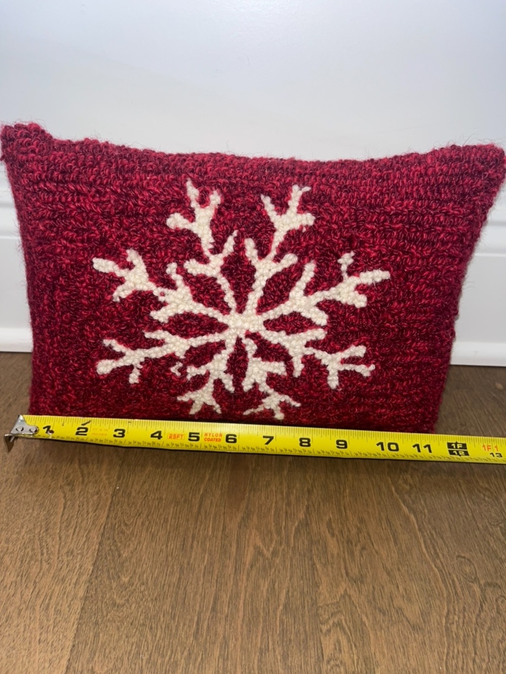 Red Needlepoint Christmas Pillow 100% Wool Design W/Cotton Canvas Back: 8” X 12”